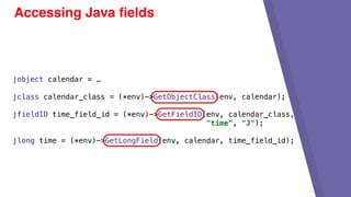 Accessing Java ﬁelds
jobject calendar = …
jclass calendar_class = (*env)->GetObjectClass(env, calendar);
jfieldID time_field_id = (*env)->GetFieldID(env, calendar_class,
"time", "J");
jlong time = (*env)->GetLongField(env, calendar, time_field_id);
 