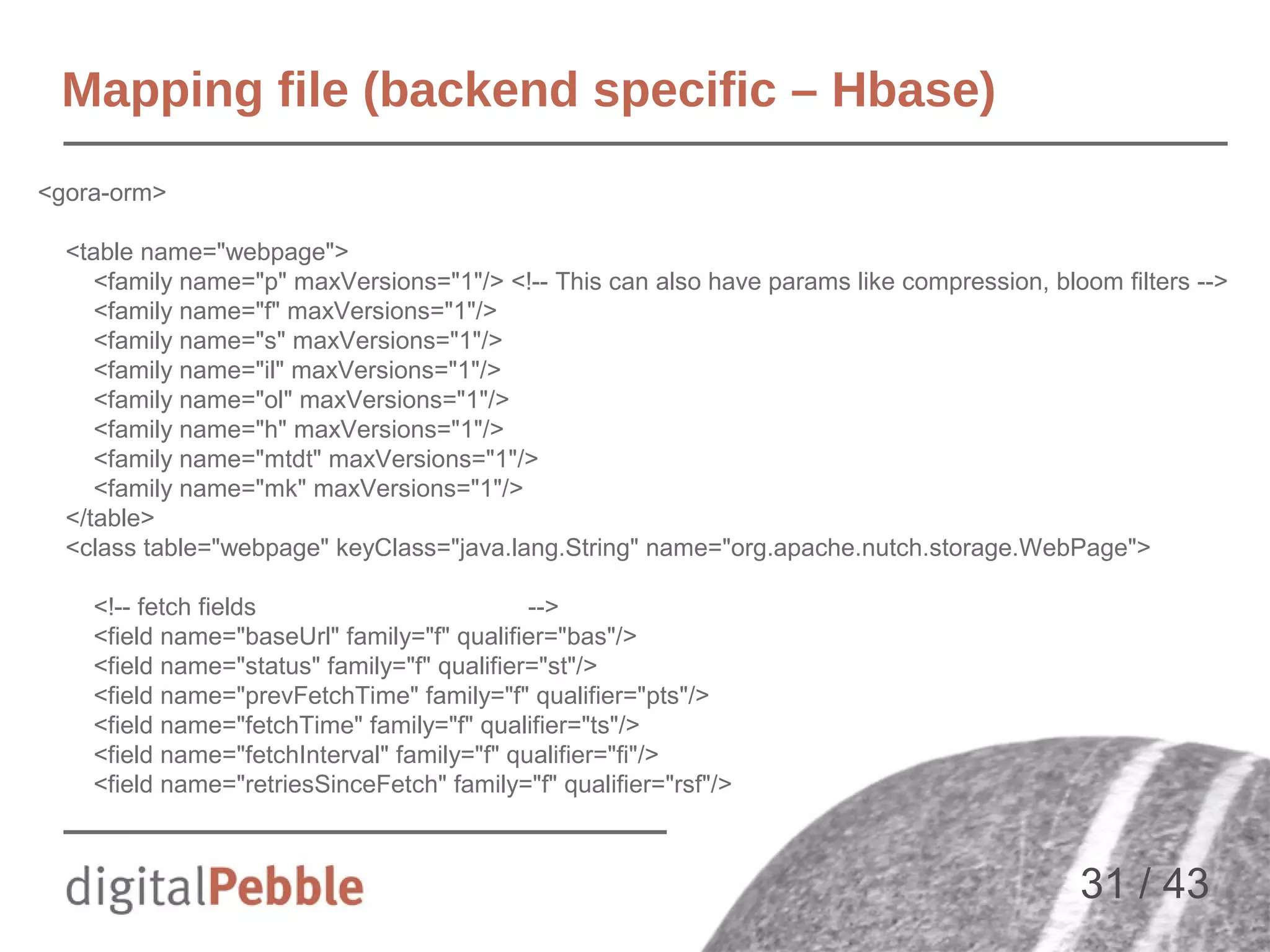 Mapping file (backend specific – Hbase)
<gora-orm>
<table name="webpage">
<family name="p" maxVersions="1"/> <!-- This can also have params like compression, bloom filters -->
<family name="f" maxVersions="1"/>
<family name="s" maxVersions="1"/>
<family name="il" maxVersions="1"/>
<family name="ol" maxVersions="1"/>
<family name="h" maxVersions="1"/>
<family name="mtdt" maxVersions="1"/>
<family name="mk" maxVersions="1"/>
</table>
<class table="webpage" keyClass="java.lang.String" name="org.apache.nutch.storage.WebPage">
<!-- fetch fields
-->
<field name="baseUrl" family="f" qualifier="bas"/>
<field name="status" family="f" qualifier="st"/>
<field name="prevFetchTime" family="f" qualifier="pts"/>
<field name="fetchTime" family="f" qualifier="ts"/>
<field name="fetchInterval" family="f" qualifier="fi"/>
<field name="retriesSinceFetch" family="f" qualifier="rsf"/>

31 / 43

 