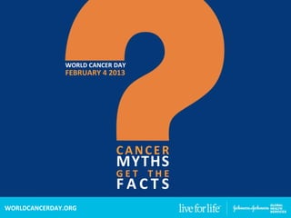 WORLD CANCER DAY
               FEBRUARY 4 2013




                            CANCER
                            MYTHS
                            GET THE
                            FACTS
WORLDCANCERDAY.ORG
 