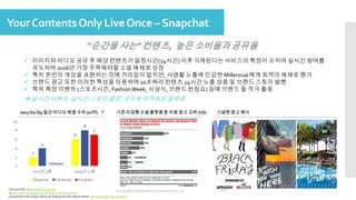 2015 Q2-Q4 일간비디오재생 수치(10억)
YourContentsOnly LiveOnce – Snapchat
ⓒ Copyright All Rights Reserved by JnJ interactive., Ltd
*Sourced Info: 1) http://bit.ly/1THgmv6
2)http://identitytheagency.com/digital-marketing-2016/
3) Snapchat Is No Longer Selling Its Original Ad Unit, Brand Stories http://on.recode.net/1OsD98C
 이미지와 비디오 공유 후 해당 컨텐츠가 일정시간(24시간)이후 삭제된다는 서비스의 특징이 오히려 실시간 참여를
유도하며 2016년 가장 주목해야할 소셜 매체로 성장
 특히 본인의 개성을 표현하는 것에 거리낌이 없지만, 사생활 노출에 민감한 Millennial 에게 최적의 매체로 평가
 브랜드 광고 또한 이러한 특성을 이용하여 10초짜리 컨텐츠 24시간 노출 상품 및 브랜드 스토리 발행
 특히 특정 이벤트 (스포츠시즌, FashionWeek, 시상식, 브랜드 런칭쇼) 등에 브랜드 들 적극 활용
 실시간 이벤트, 실시간 스토리 텔링, 공유에 최적화된 플랫폼
1)
“순간을 사는” 컨텐츠, 높은 소비율과공유율
2
6
4
8
7
0
2
4
6
8
10
2015년 4월 2015년 11월
Snapchat Facebook Youtube
Unknown
기존미집행 소셜플랫폼중 처음광고고려 (US) 스냅챗광고 예시
 
