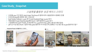 Snapchat과Audi 슈퍼볼케이스스터디
CaseStudy_Snapchat
ⓒ Copyright All Rights Reserved by JnJ interactive., Ltd
*Sourced Info: 1) The Huge Inc, Audi Case Study http://www.hugeinc.com/casestudy/super-bowl-snapchat
 슈퍼볼 2014 기간 동안, Audi, Huge,The Onion과 함께 파트너쉽을 맺어서 캠페인 진행
 트위터에Audi에 관련된 개인 스냅 공유
 AudiTwitter Follower +2,500 증가, Audi Facebook Page +9,000 증가
 게임당일인Super Bowl Sunday에만Audi 스냅챗 팔로워 +5,500 증가
 스냅챗에서만 100K 뷰 달성, 트위터에서는 2,400개의 언급, 37M 소셜 임프레션 달성
 48시간 이상 동안Audi 스냅챗 계정 9,600 팔로워 추가되었으며, 캠페인 기간 동안 총 10,500 팔로워 도달
스냅챗을 활용한 성공 케이스 스터디
1)
Click to Play
 