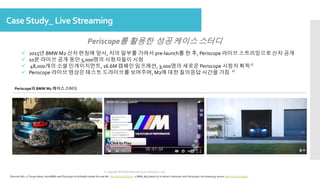 Periscope와 BMW M2 케이스스터디
CaseStudy_ Live Streaming
ⓒ Copyright All Rights Reserved by JnJ interactive., Ltd
*Sourced Info: 1) Torque News, How BMW used Periscope to brilliantly market the new M2 http://bit.ly/1pEOzyK 2) BNN, Big brands try to attract milennials with Periscope's live streaming service http://bit.ly/1Sg9bEo
 2015년 BMW M2 신차 런칭에 앞서, 차의 일부를 가려서 pre-launch를 한 후, Periscope 라이브 스트리밍으로 신차 공개
 10분 라이브 공개 동안 5,000명의 시청자들이 시청
 48,000개의 소셜 인게이지먼트, 16.6M 캠페인 임프레션, 3,000명의 새로운 Periscope 시청자 획득
 Periscope 라이브 영상은 테스트 드라이브를 보여주며, M2에 대한 질의응답 시간을 가짐
Periscope를 활용한 성공 케이스 스터디
1)
Click to Play
2)
 