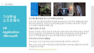 가상현실
소프트웨어
VR
Application
-Microsoft
하드웨어를 뒷받침 하는소프트웨어의 중요성
모두가 PC 하드웨어에 집중하던 때에,Windows라는 획기적인 OS를 개발, 배포
함으로써 세계적인 기업으로 성장한 Microsoft가 이번에는VR 구현이 가능한
소프트웨어 개발에 박차를 가함
개발자 콘테스트개최
데이터 시각화, 디자인/ 의료 등 교육 방식 진화,미래 커뮤니케이션 방식, 새로운
방식의 저널리즘, 인간-컴퓨터 심리 관련 주제, 난제 해결 및 새로운 방향 제시
등 6가지 목적을 달성 할 수 있는VR 어플리케이션 개발 컨테스트 개최
마이크로소프트와가상현실
마이크로소프트가 생각하는VR 의 이용 방안을 보여주는 콘테스트
특히, 교육, 의료, 커뮤니케이션등 다양한 방면에서VR기술이 활용 되어 공익에
기여할 것으로 희망
(참고영상:Western Reserve University 의대 & 홀로렌즈)
I. GLOBAL
 