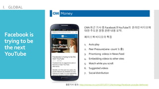 Facebook is
trying to be
the next
YouTube
I. GLOBAL
CNN 최근 기사 중 Facebook과YouTube의 온라인 비디오에
대한 주도권 경쟁 관련 내용 요약.
페이스북 비디오의 특징
1. Auto play
2. Peer Pressure(veiw count 노출)
3. Prioritizing videos in News Feed
4. Embedding videos to other sites
5. Watch while you scroll
6. Suggested videos
7. Social distribution
원문기사 링크: http://money.cnn.com/2015/07/13/technology/facebook-youtube-dethrone/
 