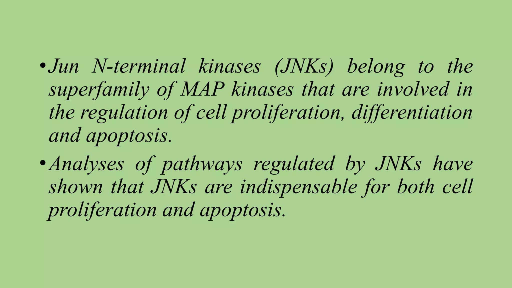 •Jun N-terminal kinases (JNKs) belong to the
superfamily of MAP kinases that are involved in
the regulation of cell proliferation, differentiation
and apoptosis.
•Analyses of pathways regulated by JNKs have
shown that JNKs are indispensable for both cell
proliferation and apoptosis.
 