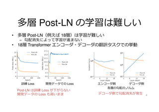 多層 Post-LN の学習は難しい
• 多層 Post-LN（例えば 18層）は学習が難しい
– 勾配消失によって学習が進まない
• 18層 Transformer エンコーダ・デコーダの翻訳タスクでの挙動
4
訓練 Loss 開発データでの Loss エンコーダ側 デコーダ側
各層の勾配のノルム
Post-LN は訓練 Loss が下がらない
開発データの Loss も⾼いまま デコーダ側で勾配消失が発⽣
101
100
10-1
10-1
100
 