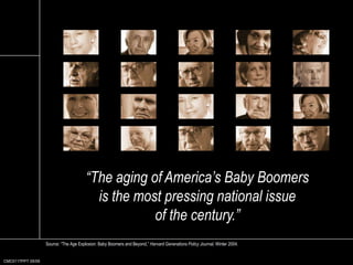 CMC0117PPT 05/09“The aging of America’s Baby Boomers is the most pressing national issue of the century.”Source: “The Age Explosion: Baby Boomers and Beyond,” Harvard Generations Policy Journal, Winter 2004.