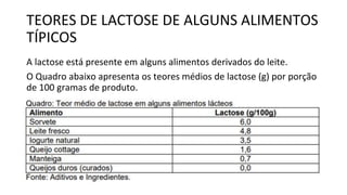 TEORES DE LACTOSE DE ALGUNS ALIMENTOS
TÍPICOS
A lactose está presente em alguns alimentos derivados do leite.
O Quadro abaixo apresenta os teores médios de lactose (g) por porção
de 100 gramas de produto.
 