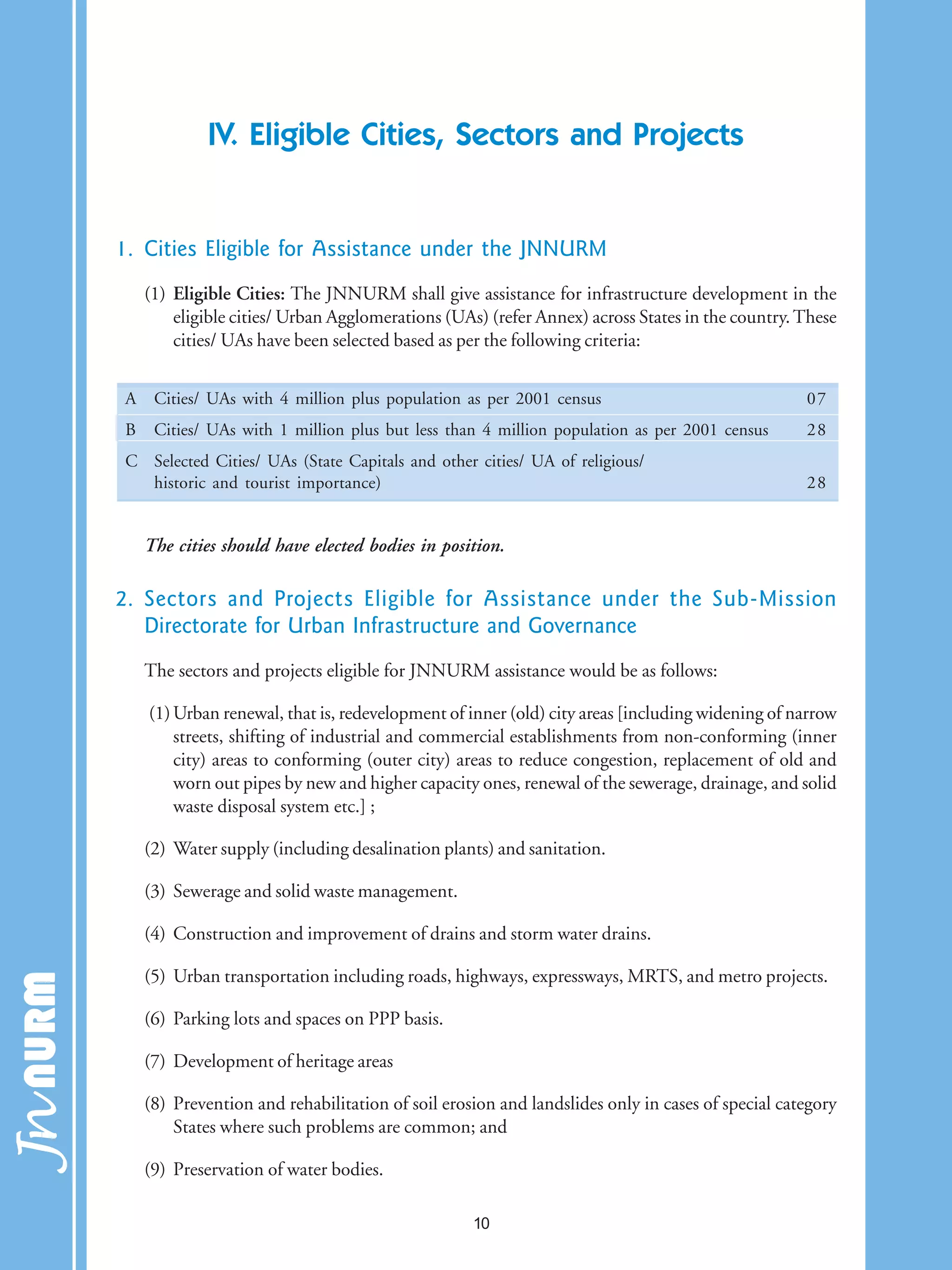 IV. Eligible Cities, Sectors and Projects
1. Cities Eligible for Assistance under the JNNURM
(1) Eligible Cities: The JNNURM shall give assistance for infrastructure development in the
eligible cities/ Urban Agglomerations (UAs) (refer Annex) across States in the country.These
cities/ UAs have been selected based as per the following criteria:
The cities should have elected bodies in position.
2. Sectors and Projects Eligible for Assistance under the Sub-Mission
Directorate for Urban Infrastructure and Governance
The sectors and projects eligible for JNNURM assistance would be as follows:
(1)Urban renewal, that is, redevelopment of inner (old) city areas [including widening of narrow
streets, shifting of industrial and commercial establishments from non-conforming (inner
city) areas to conforming (outer city) areas to reduce congestion, replacement of old and
worn out pipes by new and higher capacity ones, renewal of the sewerage, drainage, and solid
waste disposal system etc.] ;
(2) Water supply (including desalination plants) and sanitation.
(3) Sewerage and solid waste management.
(4) Construction and improvement of drains and storm water drains.
(5) Urban transportation including roads, highways, expressways, MRTS, and metro projects.
(6) Parking lots and spaces on PPP basis.
(7) Development of heritage areas
(8) Prevention and rehabilitation of soil erosion and landslides only in cases of special category
States where such problems are common; and
(9) Preservation of water bodies.
A Cities/ UAs with 4 million plus population as per 2001 census 07
B Cities/ UAs with 1 million plus but less than 4 million population as per 2001 census 28
C Selected Cities/ UAs (State Capitals and other cities/ UA of religious/
historic and tourist importance) 28
10
 
