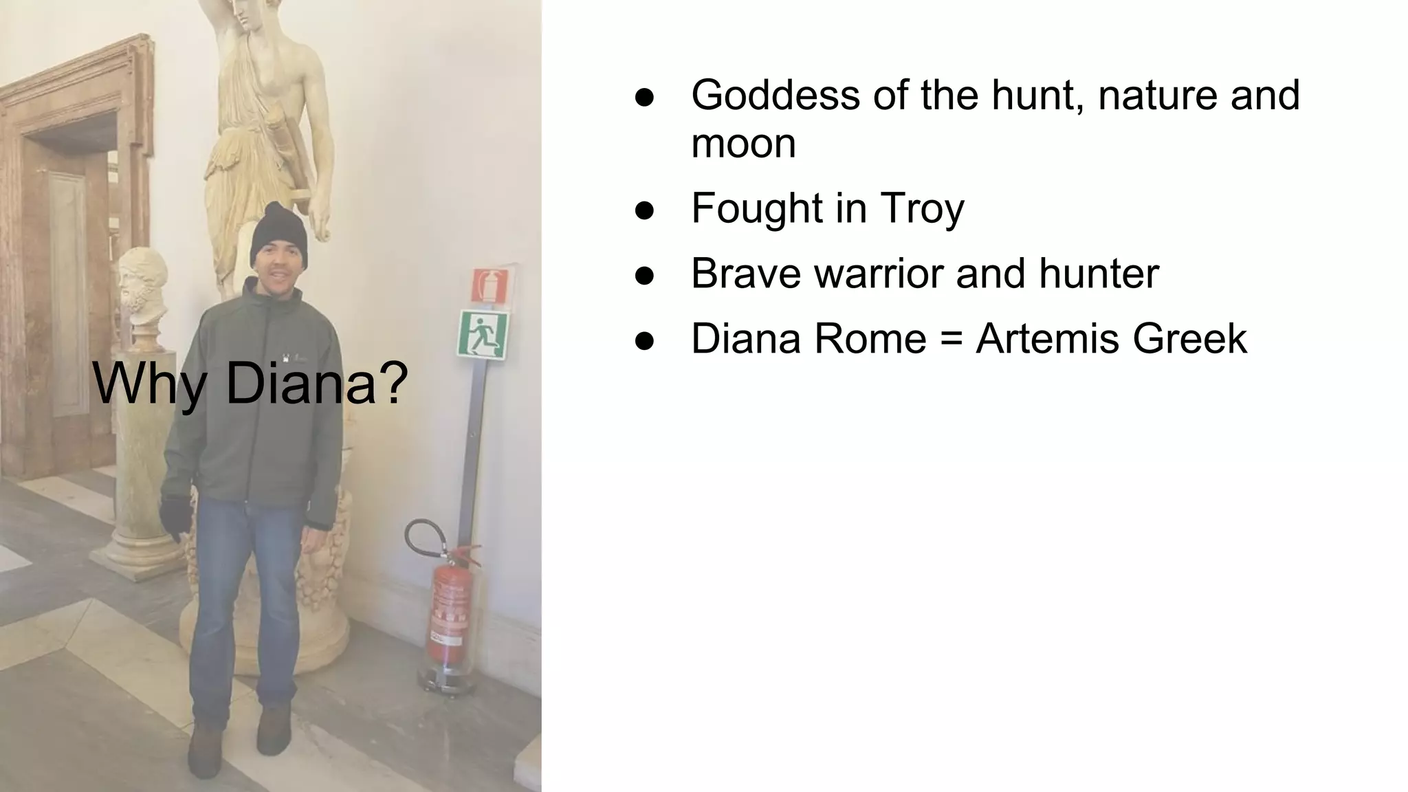 Why Diana?
● Goddess of the hunt, nature and
moon
● Fought in Troy
● Brave warrior and hunter
● Diana Rome = Artemis Greek
 