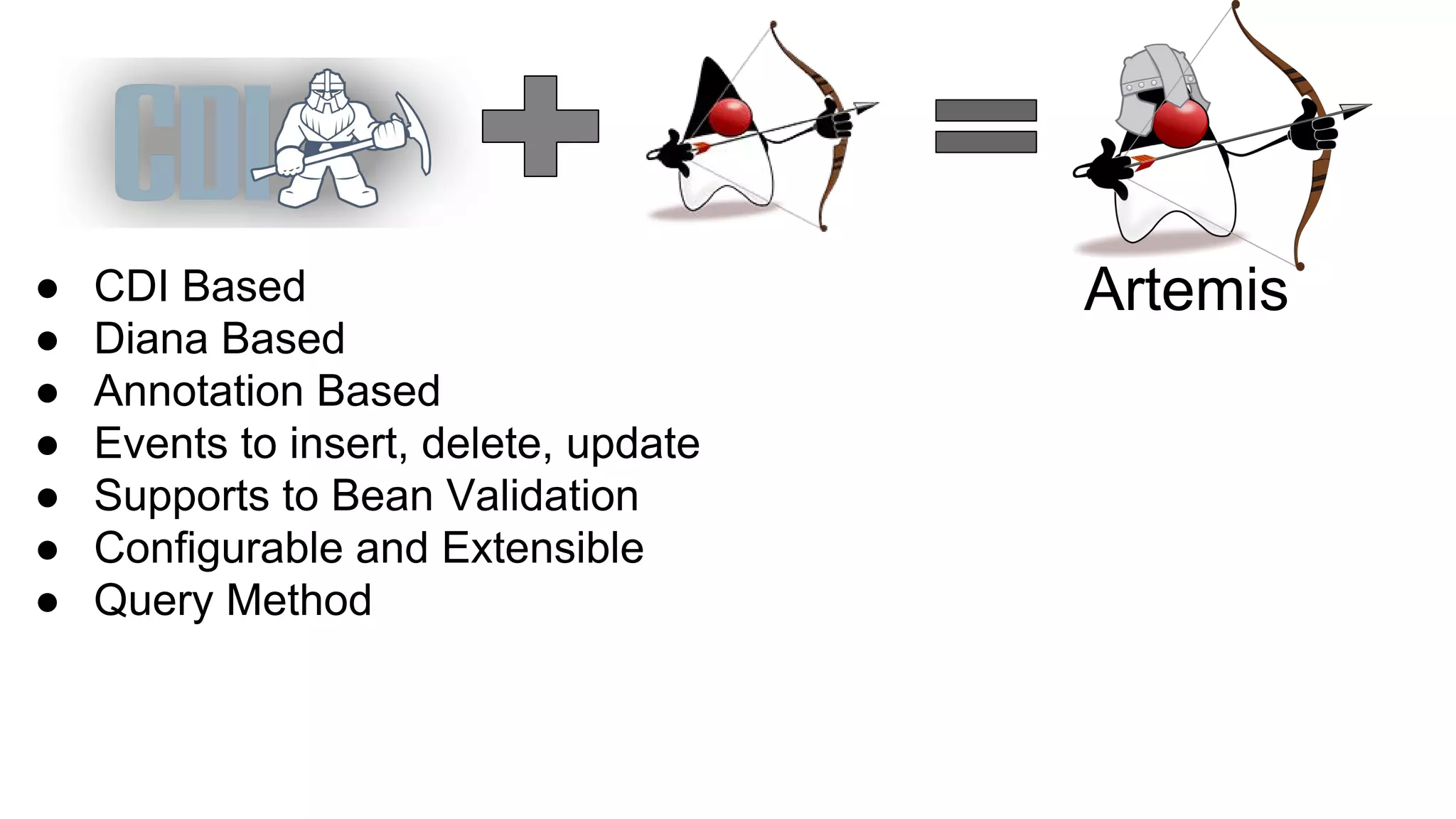 Artemis● CDI Based
● Diana Based
● Annotation Based
● Events to insert, delete, update
● Supports to Bean Validation
● Configurable and Extensible
● Query Method
 