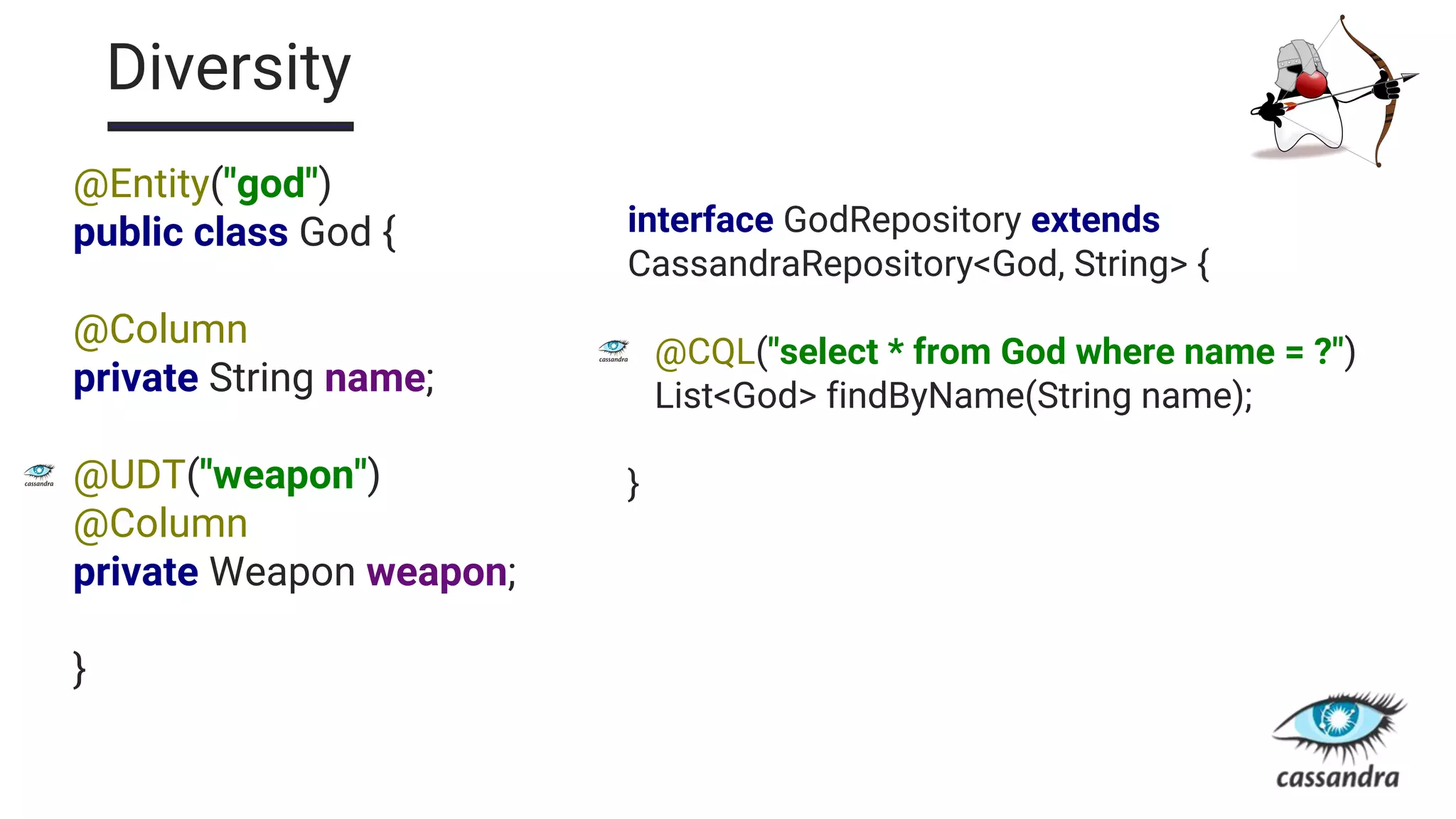 Diversity
@Entity("god")
public class God {
@Column
private String name;
@UDT("weapon")
@Column
private Weapon weapon;
}
interface GodRepository extends
CassandraRepository<God, String> {
@CQL("select * from God where name = ?")
List<God> findByName(String name);
}
 