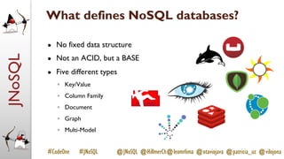 JNoSQL
#CodeOne #JNoSQL @JNoSQL @HillmerCh@leomrlima @otaviojava @patricia_uz @vilojona
What defines NoSQL databases?
● No fixed data structure
● Not an ACID, but a BASE
● Five different types
◦ Key/Value
◦ Column Family
◦ Document
◦ Graph
◦ Multi-Model
 