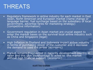 KARTINI KARIM
THREATS
• Regulatory framework in airline industry for each market in East
Asian, North American and European market (name change or
language barrier, fuel surcharge based on the subsidiary of local
government, advertise fares for marketing strategy)
(competitive information)
• Government regulation in Asian market are crucial aspect to
enter the market bases on the survival local airline industry such
as China and Singapore (legal)
• High Inflation in Thailand and Indonesia impact airline industry
in terms of purchasing power of the customer and it decrease
the demand to used the airline (economic)
• Market remains fragmented in majority development country in
Asian and this give disadvantage to acted to this market
without high financial support (economic)
 