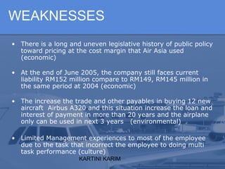 KARTINI KARIM
WEAKNESSES
• There is a long and uneven legislative history of public policy
toward pricing at the cost margin that Air Asia used
(economic)
• At the end of June 2005, the company still faces current
liability RM152 million compare to RM149, RM145 million in
the same period at 2004 (economic)
• The increase the trade and other payables in buying 12 new
aircraft Airbus A320 and this situation increase the loan and
interest of payment in more than 20 years and the airplane
only can be used in next 3 years (environmental)
• Limited Management experiences to most of the employee
due to the task that incorrect the employee to doing multi
task performance (culture)
 