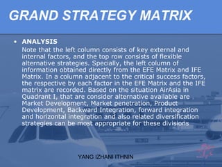 YANG IZHANI ITHNIN
GRAND STRATEGY MATRIX
• ANALYSIS
Note that the left column consists of key external and
internal factors, and the top row consists of flexible
alternative strategies. Specially, the left column of
information obtained directly from the EFE Matrix and IFE
Matrix. In a column adjacent to the critical success factors,
the respective by each factor in the EFE Matrix and the IFE
matrix are recorded. Based on the situation AirAsia in
Quadrant I, that are consider alternative available are
Market Development, Market penetration, Product
Development, Backward Integration, forward integration
and horizontal integration and also related diversification
strategies can be most appropriate for these divisions
 