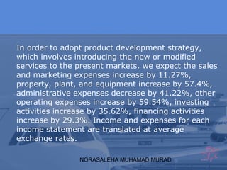 NORASALEHA MUHAMAD MURAD
In order to adopt product development strategy,
which involves introducing the new or modified
services to the present markets, we expect the sales
and marketing expenses increase by 11.27%,
property, plant, and equipment increase by 57.4%,
administrative expenses decrease by 41.22%, other
operating expenses increase by 59.54%, investing
activities increase by 35.62%, financing activities
increase by 29.3%. Income and expenses for each
income statement are translated at average
exchange rates.
 