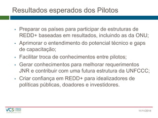 Resultados esperados dos Pilotos 
•Preparar os países para participar de estruturas de REDD+ baseadas em resultados, incluindo as da ONU; 
•Aprimorar o entendimento do potencial técnico e gaps de capacitação; 
•Facilitar troca de conhecimentos entre pilotos; 
•Gerar conhecimentos para melhorar requerimentos JNR e contribuir com uma futura estrutura da UNFCCC; 
•Criar confiança em REDD+ para idealizadores de políticas públicas, doadores e investidores. 
11/11/2014 
 