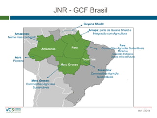 JNR - GCF Brasil 
11/11/2014 
Amapa: parte da Guiana Shield e 
Integracão com Agricultura 
Mato Grosso: 
Commodities Agrícolas 
Sustentáveis 
Guyana Shield 
Amazonas 
Mato Grosso 
Para 
Tocantins 
Acre: 
Pioneiro 
Tocantins: 
Commodities Agrícola 
Sustentáveis 
Para: 
Commodities Agrícolas Sustentáveis 
Minérios 
Questão Indígena 
Obras infra estrutura 
Amazonas: 
Nome mais conhecido 
 
