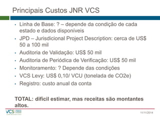 Principais Custos JNR VCS 
•Linha de Base: ? –depende da condição de cada estado e dados disponíveis 
•JPD –Jurisdicional Project Description: cerca de US$ 50 a 100 mil 
•Auditoria de Validação: US$ 50 mil 
•Auditoria de Periódica de Verificação: US$ 50 mil 
•Monitoramento: ? Depende das condições 
•VCS Levy: US$ 0,10/ VCU (tonelada de CO2e) 
•Registro: custo anual da conta 
TOTAL: difícil estimar, mas receitas são montantes altos. 
11/11/2014 
 