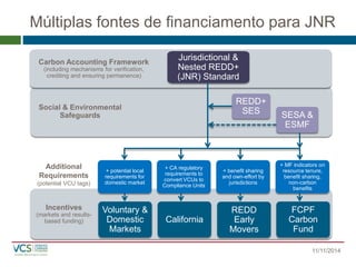 Múltiplas fontes de financiamento para JNR 
Incentives (markets and results- based funding) 
Social & Environmental Safeguards 
Carbon Accounting Framework (including mechanisms for verification, crediting and ensuring permanence) 
Jurisdictional & Nested REDD+ (JNR) Standard 
Voluntary & Domestic Markets 
California 
REDD Early Movers 
FCPF Carbon Fund 
REDD+ SES 
SESA & ESMF 
+ MF indicators on resource tenure, benefit sharing, non-carbon benefits 
+ benefit sharing and own-effort by jurisdictions 
+ CA regulatory requirements to convert VCUs to Compliance Units 
+ potential local requirements for domestic market 
Additional Requirements 
(potential VCU tags) 
11/11/2014 
 