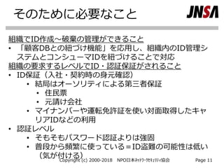 そのために必要なこと
Copyright (c) 2000-2018 NPO日本ﾈｯﾄﾜｰｸｾｷｭﾘﾃｨ協会 Page 11
組織でID作成～破棄の管理ができること
• 「顧客DBとの紐づけ機能」を応用し、組織内のID管理シ
ステムとコンシューマIDを紐づけることで対応
組織の要求するレベルでID・認証保証がされること
• ID保証（入社・契約時の身元確認）
• 結局はオーソリティによる第三者保証
• 住民票
• 元請け会社
• マイナンバーや運転免許証を使い対面取得したキャ
リアIDなどの利用
• 認証レベル
• そもそもパスワード認証よりは強固
• 普段から頻繁に使っている＝ID盗難の可能性は低い
（気が付ける）
 
