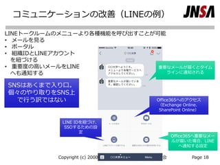 コミュニケーションの改善（LINEの例）
Copyright (c) 2000-2018 NPO日本ﾈｯﾄﾜｰｸｾｷｭﾘﾃｨ協会 Page 18
Office365へのアクセス
（Exchange Online、
SharePoint Online）
LINE IDを紐づけ、
SSOするための設
定
Office365へ重要なメー
ルが届いた場合、LINE
へ通知する設定
重要なメールが届くとタイム
ラインに通知される
LINEトークルームのメニューより各種機能を呼び出すことが可能
• メールを見る
• ポータル
• 組織IDとLINEアカウント
を紐づける
• 重要度の高いメールをLINE
へも通知する
SNSはあくまで入り口。
個々のやり取りをSNS上
で行う訳ではない
 