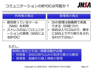 コミュニケーションのBYOCは可能か？
Copyright (c) 2000-2018 NPO日本ﾈｯﾄﾜｰｸｾｷｭﾘﾃｨ協会 Page 19
• 普段使っているツール
（SNS）を利用
• ストレスのないコミュニケ
ーションの実現（SNSによ
るBYOC）
利用者の視点
• IDの管理は組織側で実施
できる（ID紐づけ）
• SNSは入り口なので、勝手
にSNS上でやり取りをされ
るわけではない
管理者の視点
利用にあたっては、啓蒙活動が必要
• 利用者：SNSの持ち込みの気持ち悪さの解消
• 管理者：組織外の個人情報の管理
ただし、
 