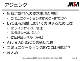 アジェンダ
• 組織IT部門への要求事項と対応
• コミュニケーションのBYOC～BYOIDへ
• BYOIDを組織において実現するためには
• IDライフサイクル管理
• ID保証レベル（IAL）
• 認証保証レベル（AAL）
• Azure AD B2Cで実装した例
• コミュニケーションのBYOCは可能か？
• まとめ
Copyright (c) 2000-2018 NPO日本ﾈｯﾄﾜｰｸｾｷｭﾘﾃｨ協会 Page 3
 