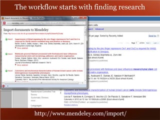 The workflow starts with finding research 
http://www.mendeley.com/import/ 
 
