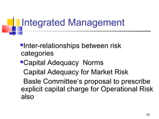 19
Integrated Management
Inter-relationships between risk
categories
Capital Adequacy Norms
Capital Adequacy for Market Risk
Basle Committee’s proposal to prescribe
explicit capital charge for Operational Risk
also
 