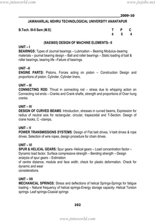 ________________________________________________2009-10
102
JAWAHARLAL NEHRU TECHNOLOGICAL UNIVERSITY ANANTAPUR
B.Tech. III-II Sem (M.E) T P C
4 0 4
(9A03605) DESIGN OF MACHINE ELEMENTS– II
UNIT – I
BEARINGS: Types of Journal bearings – Lubrication – Bearing Modulus–bearing
materials – journal bearing design – Ball and roller bearings – Static loading of ball &
roller bearings, bearing life –Failure of bearings.
UNIT –II
ENGINE PARTS: Pistons, Forces acting on piston – Construction Design and
proportions of piston. Cylinder, Cylinder liners,
UNIT – III
CONNECTING ROD: Thrust in connecting rod – stress due to whipping action on
Connecting rod ends – Cranks and Crank shafts, strength and proportions of Over hung
cranks
UNIT – IV
DESIGN OF CURVED BEAMS: Introduction, stresses in curved beams, Expression for
radius of neutral axis for rectangular, circular, trapezoidal and T-Section. Design of
crane hooks, C –clamps.
UNIT – V
POWER TRANSMISSIONS SYSTEMS: Design of Flat belt drives, V-belt drives & rope
drives. Selection of wire ropes, design procedure for chain drives.
UNIT – VI
SPUR & HELICAL GEARS: Spur gears- Helical gears – Load concentration factor –
Dynamic load factor. Surface compressive strength – Bending strength – Design
analysis of spur gears – Estimation
of centre distance, module and face width, check for plastic deformation. Check for
dynamic and wear
considerations.
UNIT – VII
MECHANICAL SPRINGS: Stress and deflections of helical Springs-Springs for fatigue
loading – Natural frequency of helical springs-Energy storage capacity- Helical Torsion
springs- Leaf springs-Coaxial springs
www.jntuworld.com
www.jntuworld.com
www.jwjobs.net
 