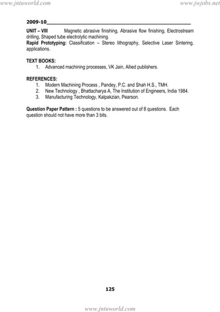 2009-10________________________________________________
125
UNIT – VIII Magnetic abrasive finishing, Abrasive flow finishing, Electrostream
drilling, Shaped tube electrolytic machining.
Rapid Prototyping: Classification – Stereo lithography, Selective Laser Sintering,
applications.
TEXT BOOKS:
1. Advanced machining processes, VK Jain, Allied publishers.
REFERENCES:
1. Modern Machining Process , Pandey, P.C. and Shah H.S., TMH.
2. New Technology , Bhattacharya A, The Institution of Engineers, India 1984.
3. Manufacturing Technology, Kalpakzian, Pearson.
Question Paper Pattern : 5 questions to be answered out of 8 questions. Each
question should not have more than 3 bits.
www.jntuworld.com
www.jntuworld.com
www.jwjobs.net
 