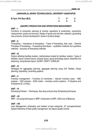 ________________________________________________2009-10
132
JAWAHARLAL NEHRU TECHNOLOGICAL UNIVERSITY ANANTAPUR
B.Tech. IV-II Sem (M.E) T P C
4 0 4
(9A03801) PRODUCTION AND OPERATIONS MANAGEMENT
UNIT – I
Functions of production planning & controls operations & productivity, productivity
measurement, goods and services, Design of goods and services: selection, generating
new products, product development, issues in product design.
UNIT – II
Forecasting – Importance of forecasting – Types of forecasting, their uses – General
Principles of forecasting – Forecasting techniques – qualitative methods and quantitive
methods – accuracy of forecasting methods.
UNIT – III
Factors affecting facilities location, mathematical models for facilities, location, Types of
facilities- layout: product layout, process layout, group technology layout, Assembly line
balancing, computerised layout: ALDEP, CRAFT, CORELAP.
UNIT – IV
Strategies for aggregates planning, aggregate planning using O.R. Models, Chase
planning, Expediting, controlling aspects.
UNIT – V
Inventory management – Functions of inventories – relevant inventory costs – ABC
analysis – VED analysis – EOQ model – Inventory control systems – P–Systems and
Q-Systems-(S, s) Policy.
UNIT – VI
Scheduling Policies – Techniques, flow shop and job shop Scheduling techniques.
UNIT – VII
MRP, –lot sizing techniques in MRP, introduction to ERP, LOB (Line of Balance).
UNIT – VIII
Lean Management, philosophy and creation of lean enterprise, JIT concepts-Kanban
System-Elements of total quality management, Six Sigma Quality Control.
www.jntuworld.com
www.jntuworld.com
www.jwjobs.net
 