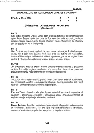 ________________________________________________2009-10
140
JAWAHARLAL NEHRU TECHNOLOGICAL UNIVERSITY ANANTAPUR
B.Tech. IV-II Sem (M.E) T P C
4 0 4
(9A03805) GAS TURBINES AND JET PROPULSION
(Elective – III)
UNIT-I
Gas Turbine Operating Cycles: Simple open cycle gas turbine or air standard Brayton
cycle, Actual Brayton cycle, the cycle air flow rate, the cycle work ratio, optimum
pressure ratio or maximum cycle thermal efficiency, means of improving the efficiency
and the specific out put of simple cycle.
UNIT-II
Gas Turbines; gas turbine applications, gas turbine advantages & disadvantages,
energy flow & back work, deviation from ideal cycle, gas turbine with regeneration,
thermal efficiency of gas turbine with & without regenerator, gas turbine engines, inter-
cooling & reheating, turbojet engine, turbofan engine, turboprop engine.
UNIT-III
Jet propulsion: Historical sketch- reaction principle- essential features of propulsion
devices- Thermal jet engines, classification of – energy flow, thrust, thrust power and
propulsion efficiency- need for thermal jet engines and applications.
UNIT-IV
Turboprop and turbojet – thermodynamic cycles, plant layout, essential components,
and principles of operation – performance evaluation – thrust augmentation and Thrust
reversal – contrasting with piston engine propeller plant.
UNIT-V
Ram jet- Thermo dynamic cycle, plant lay out, essential components – principle of
operation – performance evaluation – comparison among atmospheric thermal jet
engines- serqujet and pulse jet, elementary treatment.
UNIT-VI
Rocket Engines: Need for, applications- basic principle of operation and parameters
of performance – classification, solid and liquid propellant rocket engines, advantages,
domains of application – propellants – comparison of propulsion systems.
www.jntuworld.com
www.jntuworld.com
www.jwjobs.net
 