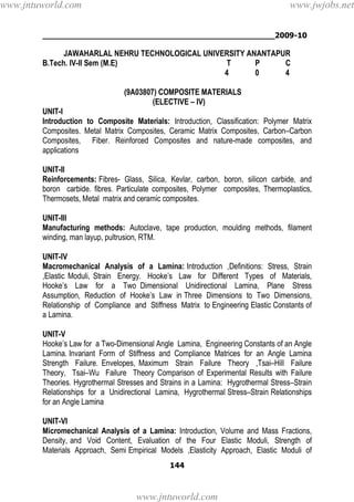 ________________________________________________2009-10
144
JAWAHARLAL NEHRU TECHNOLOGICAL UNIVERSITY ANANTAPUR
B.Tech. IV-II Sem (M.E) T P C
4 0 4
(9A03807) COMPOSITE MATERIALS
(ELECTIVE – IV)
UNIT-I
Introduction to Composite Materials: Introduction, Classification: Polymer Matrix
Composites. Metal Matrix Composites, Ceramic Matrix Composites, Carbon–Carbon
Composites, Fiber. Reinforced Composites and nature-made composites, and
applications
UNIT-II
Reinforcements: Fibres- Glass, Silica, Kevlar, carbon, boron, silicon carbide, and
boron carbide. fibres. Particulate composites, Polymer composites, Thermoplastics,
Thermosets, Metal matrix and ceramic composites.
UNIT-III
Manufacturing methods: Autoclave, tape production, moulding methods, filament
winding, man layup, pultrusion, RTM.
UNIT-IV
Macromechanical Analysis of a Lamina: Introduction ,Definitions: Stress, Strain
,Elastic Moduli, Strain Energy. Hooke’s Law for Different Types of Materials,
Hooke’s Law for a Two Dimensional Unidirectional Lamina, Plane Stress
Assumption, Reduction of Hooke’s Law in Three Dimensions to Two Dimensions,
Relationship of Compliance and Stiffness Matrix to Engineering Elastic Constants of
a Lamina.
UNIT-V
Hooke’s Law for a Two-Dimensional Angle Lamina, Engineering Constants of an Angle
Lamina. Invariant Form of Stiffness and Compliance Matrices for an Angle Lamina
Strength Failure. Envelopes, Maximum Strain Failure Theory ,Tsai–Hill Failure
Theory, Tsai–Wu Failure Theory Comparison of Experimental Results with Failure
Theories. Hygrothermal Stresses and Strains in a Lamina: Hygrothermal Stress–Strain
Relationships for a Unidirectional Lamina, Hygrothermal Stress–Strain Relationships
for an Angle Lamina
UNIT-VI
Micromechanical Analysis of a Lamina: Introduction, Volume and Mass Fractions,
Density, and Void Content, Evaluation of the Four Elastic Moduli, Strength of
Materials Approach, Semi Empirical Models ,Elasticity Approach, Elastic Moduli of
www.jntuworld.com
www.jntuworld.com
www.jwjobs.net
 