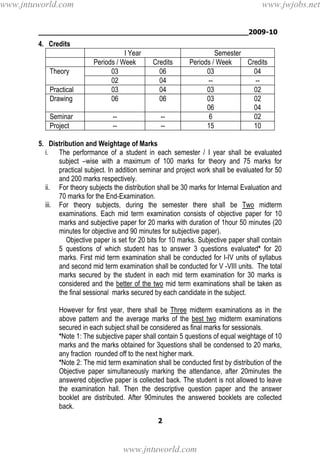 ________________________________________________2009-10
2
4. Credits
I Year Semester
Periods / Week Credits Periods / Week Credits
Theory 03 06 03 04
02 04 -- --
Practical 03 04 03 02
Drawing 06 06 03
06
02
04
Seminar -- -- 6 02
Project -- -- 15 10
5. Distribution and Weightage of Marks
i. The performance of a student in each semester / I year shall be evaluated
subject –wise with a maximum of 100 marks for theory and 75 marks for
practical subject. In addition seminar and project work shall be evaluated for 50
and 200 marks respectively.
ii. For theory subjects the distribution shall be 30 marks for Internal Evaluation and
70 marks for the End-Examination.
iii. For theory subjects, during the semester there shall be Two midterm
examinations. Each mid term examination consists of objective paper for 10
marks and subjective paper for 20 marks with duration of 1hour 50 minutes (20
minutes for objective and 90 minutes for subjective paper).
Objective paper is set for 20 bits for 10 marks. Subjective paper shall contain
5 questions of which student has to answer 3 questions evaluated* for 20
marks. First mid term examination shall be conducted for I-IV units of syllabus
and second mid term examination shall be conducted for V -VIII units. The total
marks secured by the student in each mid term examination for 30 marks is
considered and the better of the two mid term examinations shall be taken as
the final sessional marks secured by each candidate in the subject.
However for first year, there shall be Three midterm examinations as in the
above pattern and the average marks of the best two midterm examinations
secured in each subject shall be considered as final marks for sessionals.
*Note 1: The subjective paper shall contain 5 questions of equal weightage of 10
marks and the marks obtained for 3questions shall be condensed to 20 marks,
any fraction rounded off to the next higher mark.
*Note 2: The mid term examination shall be conducted first by distribution of the
Objective paper simultaneously marking the attendance, after 20minutes the
answered objective paper is collected back. The student is not allowed to leave
the examination hall. Then the descriptive question paper and the answer
booklet are distributed. After 90minutes the answered booklets are collected
back.
www.jntuworld.com
www.jntuworld.com
www.jwjobs.net
 