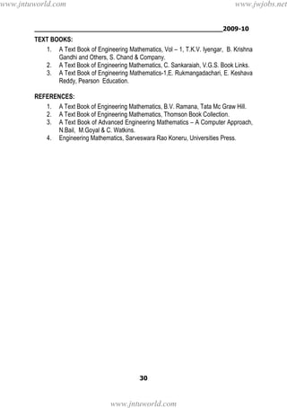 ________________________________________________2009-10
30
TEXT BOOKS:
1. A Text Book of Engineering Mathematics, Vol – 1, T.K.V. Iyengar, B. Krishna
Gandhi and Others, S. Chand & Company.
2. A Text Book of Engineering Mathematics, C. Sankaraiah, V.G.S. Book Links.
3. A Text Book of Engineering Mathematics-1,E. Rukmangadachari, E. Keshava
Reddy, Pearson Education.
REFERENCES:
1. A Text Book of Engineering Mathematics, B.V. Ramana, Tata Mc Graw Hill.
2. A Text Book of Engineering Mathematics, Thomson Book Collection.
3. A Text Book of Advanced Engineering Mathematics – A Computer Approach,
N.Bail, M.Goyal & C. Watkins.
4. Engineering Mathematics, Sarveswara Rao Koneru, Universities Press.
www.jntuworld.com
www.jntuworld.com
www.jwjobs.net
 