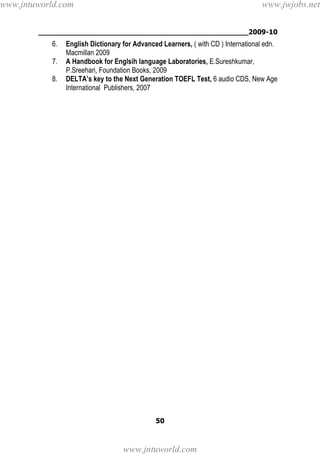 ________________________________________________2009-10
50
6. English Dictionary for Advanced Learners, ( with CD ) International edn.
Macmillan 2009
7. A Handbook for Englsih language Laboratories, E.Sureshkumar,
P.Sreehari, Foundation Books, 2009
8. DELTA’s key to the Next Generation TOEFL Test, 6 audio CDS, New Age
International Publishers, 2007
www.jntuworld.com
www.jntuworld.com
www.jwjobs.net
 