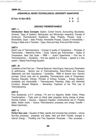 2009-10________________________________________________
59
JAWAHARLAL NEHRU TECHNOLOGICAL UNIVERSITY ANANTAPUR
B.Tech. II-I Sem (M.E) T P C
4 0 4
(9A03302) THERMODYNAMICS
UNIT – I
Introduction: Basic Concepts: System, Control Volume, Surrounding, Boundaries,
Universe, Types of Systems, Macroscopic and Microscopic viewpoints, Concept of
Continuum, Thermodynamic Equilibrium, State, Property, Process, Cycle –
Reversibility, Quasi – static Process, Irreversible Process, Causes of Irreversibility –
Energy in State and in Transition - Types, Work and Heat, Point and Path function.
UNIT II
Zeroth Law of Thermodynamics – Concept of quality of Temperature – Principles of
Thermometry – Reference Points – Const. Volume gas Thermometer – Scales of
Temperature, Ideal Gas Scale – PMM I - Joule’s Experiments – First law of
Thermodynamics – Corollaries – First law applied to a Process – applied to a flow
system – Steady Flow Energy Equation.
UNIT – III
Limitations of the First Law – Thermal Reservoir, Heat Engine, Heat pump, Parameters
of performance, Second Law of Thermodynamics, Kelvin-Planck and Clausius
Statements and their Equivalence / Corollaries, PMM of Second kind, Carnot’s
principle, Carnot cycle and its specialties, Thermodynamic scale of Temperature,
Clausius Inequality, Entropy, Principle of Entropy Increase – Energy Equation,
Availability and Irreversibility – Thermodynamic Potentials, Gibbs and Helmholtz
Functions, Maxwell Relations – Elementary Treatment of the Third Law of
Thermodynamics.
UNIT IV
Pure Substances, p-V-T- surfaces, T-S and h-s diagrams, Mollier Charts, Phase
Transformations – Triple point at critical state properties during change of phase,
Dryness Fraction – Clausius – Clapeyron Equation, Constructional use of Property
tables. Mollier charts – Various Thermodynamic processes and energy Transfer –
Steam Calorimetry.
UNIT - V
Perfect Gas Laws – Equation of State, specific and Universal Gas constants – various
Non-flow processes, properties, end states, Heat and Work Transfer, changes in
Internal Energy – Throttling and Free Expansion Processes – Flow processes –
www.jntuworld.com
www.jntuworld.com
www.jwjobs.net
 