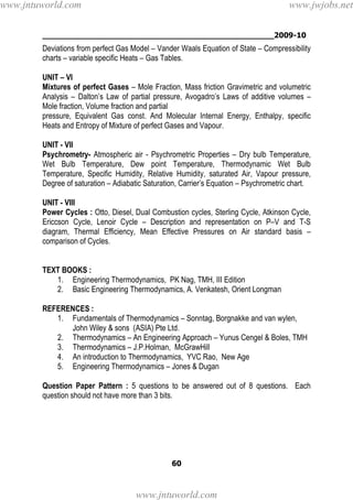________________________________________________2009-10
60
Deviations from perfect Gas Model – Vander Waals Equation of State – Compressibility
charts – variable specific Heats – Gas Tables.
UNIT – VI
Mixtures of perfect Gases – Mole Fraction, Mass friction Gravimetric and volumetric
Analysis – Dalton’s Law of partial pressure, Avogadro’s Laws of additive volumes –
Mole fraction, Volume fraction and partial
pressure, Equivalent Gas const. And Molecular Internal Energy, Enthalpy, specific
Heats and Entropy of Mixture of perfect Gases and Vapour.
UNIT - VII
Psychrometry- Atmospheric air - Psychrometric Properties – Dry bulb Temperature,
Wet Bulb Temperature, Dew point Temperature, Thermodynamic Wet Bulb
Temperature, Specific Humidity, Relative Humidity, saturated Air, Vapour pressure,
Degree of saturation – Adiabatic Saturation, Carrier’s Equation – Psychrometric chart.
UNIT - VIII
Power Cycles : Otto, Diesel, Dual Combustion cycles, Sterling Cycle, Atkinson Cycle,
Ericcson Cycle, Lenoir Cycle – Description and representation on P–V and T-S
diagram, Thermal Efficiency, Mean Effective Pressures on Air standard basis –
comparison of Cycles.
TEXT BOOKS :
1. Engineering Thermodynamics, PK Nag, TMH, III Edition
2. Basic Engineering Thermodynamics, A. Venkatesh, Orient Longman
REFERENCES :
1. Fundamentals of Thermodynamics – Sonntag, Borgnakke and van wylen,
John Wiley & sons (ASIA) Pte Ltd.
2. Thermodynamics – An Engineering Approach – Yunus Cengel & Boles, TMH
3. Thermodynamics – J.P.Holman, McGrawHill
4. An introduction to Thermodynamics, YVC Rao, New Age
5. Engineering Thermodynamics – Jones & Dugan
Question Paper Pattern : 5 questions to be answered out of 8 questions. Each
question should not have more than 3 bits.
www.jntuworld.com
www.jntuworld.com
www.jwjobs.net
 