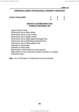 ________________________________________________2009-10
78
JAWAHARLAL NEHRU TECHNOLOGICAL UNIVERSITY ANANTAPUR
B.Tech. II-II Sem (M.E) T P C
0 3 2
(9A01407) FLUID MECHANICS AND
HYDRAULIC MACHINES LAB
Impact of jets on Vanes.
Performance Test on Pelton Wheel.
Performance Test on Francis Turbine.
Performance Test on Kaplan Turbine.
Performance Test on Single Stage Centrifugal Pump.
Performance Test on Multi Stage Centrifugal Pump.
Performance Test on Reciprocating Pump.
Calibration of Venturimeter.
Calibration of Orifice meter.
Determination of friction factor for a given pipe line.
Determination of loss of head due to sudden contraction in a pipeline.
Turbine flow meter.
Note : Any 10 of the above 12 experiments are to be conducted.
www.jntuworld.com
www.jntuworld.com
www.jwjobs.net
 