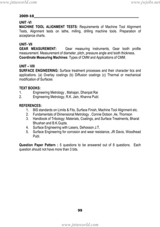 2009-10________________________________________________
99
UNIT -VI
MACHINE TOOL ALIGNMENT TESTS: Requirements of Machine Tool Alignment
Tests, Alignment tests on lathe, milling, drilling machine tools. Preparation of
acceptance charts.
UNIT- VII
GEAR MEASUREMENT: Gear measuring instruments, Gear tooth profile
measurement. Measurement of diameter, pitch, pressure angle and tooth thickness.
Coordinate Measuring Machines: Types of CMM and Applications of CMM.
UNIT – VIII
SURFACE ENGINEERING: Surface treatment processes and their character tics and
applications. (a) Overlay coatings (b) Diffusion coatings (c) Thermal or mechanical
modification of Surfaces
TEXT BOOKS:
1. Engineering Metrology , Mahajan, Dhanpat Rai
2. Engineering Metrology, R.K. Jain, Khanna Publ.
REFERENCES:
1. BIS standards on Limits & Fits, Surface Finish, Machine Tool Alignment etc.
2. Fundamentals of Dimensional Metrology , Connie Dotson ,4e, Thomson
3. Handbook of Tribology: Materials, Coatings, and Surface Treatments, Bharat
Bhushan and B.K.Gupta.
4. Surface Engineering with Lasers, Dehosson J.T.
5. Surface Engineering for corrosion and wear resistance, JR Davis, Woodhead
Publ.
Question Paper Pattern : 5 questions to be answered out of 8 questions. Each
question should not have more than 3 bits.
www.jntuworld.com
www.jntuworld.com
www.jwjobs.net
 