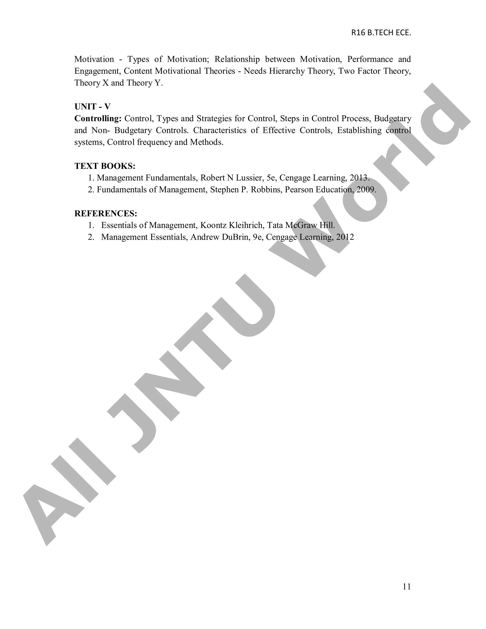 R16 B.TECH ECE.
11
Motivation - Types of Motivation; Relationship between Motivation, Performance and
Engagement, Content Motivational Theories - Needs Hierarchy Theory, Two Factor Theory,
Theory X and Theory Y.
UNIT - V
Controlling: Control, Types and Strategies for Control, Steps in Control Process, Budgetary
and Non- Budgetary Controls. Characteristics of Effective Controls, Establishing control
systems, Control frequency and Methods.
TEXT BOOKS:
1. Management Fundamentals, Robert N Lussier, 5e, Cengage Learning, 2013.
2. Fundamentals of Management, Stephen P. Robbins, Pearson Education, 2009.
REFERENCES:
1. Essentials of Management, Koontz Kleihrich, Tata McGraw Hill.
2. Management Essentials, Andrew DuBrin, 9e, Cengage Learning, 2012
A
llJN
TU
W
orld
 