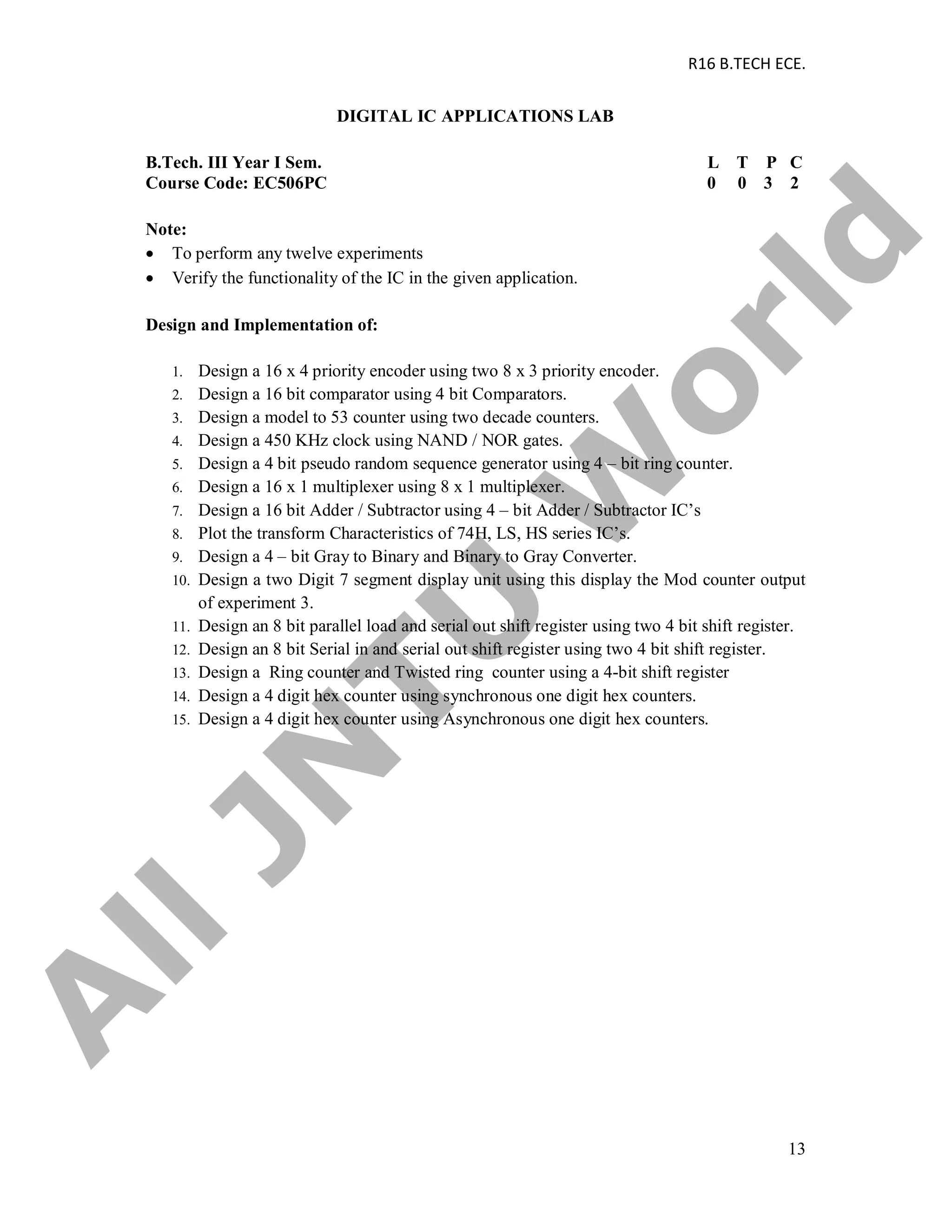 R16 B.TECH ECE.
13
DIGITAL IC APPLICATIONS LAB
B.Tech. III Year I Sem. L T P C
Course Code: EC506PC 0 0 3 2
Note:
 To perform any twelve experiments
 Verify the functionality of the IC in the given application.
Design and Implementation of:
1. Design a 16 x 4 priority encoder using two 8 x 3 priority encoder.
2. Design a 16 bit comparator using 4 bit Comparators.
3. Design a model to 53 counter using two decade counters.
4. Design a 450 KHz clock using NAND / NOR gates.
5. Design a 4 bit pseudo random sequence generator using 4 – bit ring counter.
6. Design a 16 x 1 multiplexer using 8 x 1 multiplexer.
7. Design a 16 bit Adder / Subtractor using 4 – bit Adder / Subtractor IC’s
8. Plot the transform Characteristics of 74H, LS, HS series IC’s.
9. Design a 4 – bit Gray to Binary and Binary to Gray Converter.
10. Design a two Digit 7 segment display unit using this display the Mod counter output
of experiment 3.
11. Design an 8 bit parallel load and serial out shift register using two 4 bit shift register.
12. Design an 8 bit Serial in and serial out shift register using two 4 bit shift register.
13. Design a Ring counter and Twisted ring counter using a 4-bit shift register
14. Design a 4 digit hex counter using synchronous one digit hex counters.
15. Design a 4 digit hex counter using Asynchronous one digit hex counters.
A
llJN
TU
W
orld
 