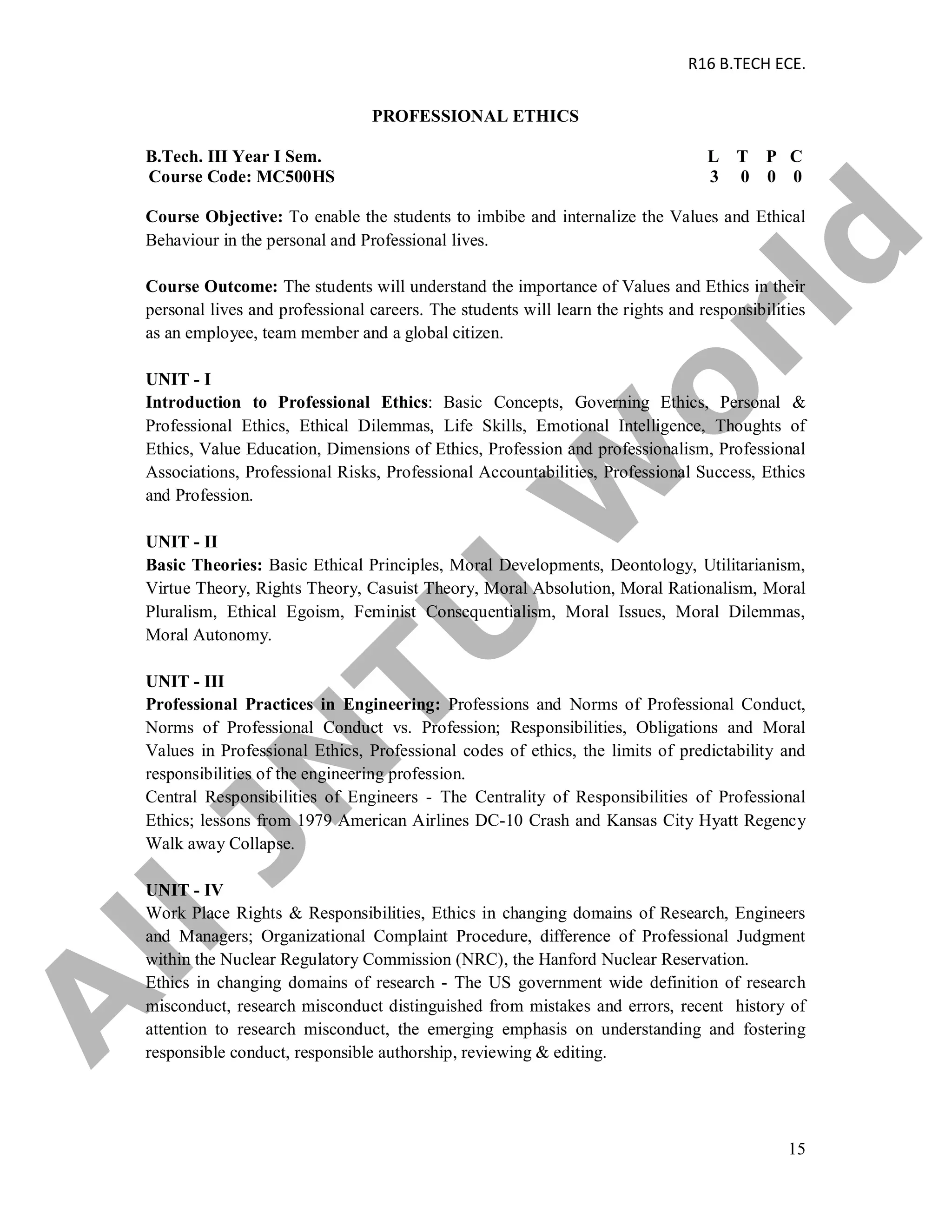 R16 B.TECH ECE.
15
PROFESSIONAL ETHICS
B.Tech. III Year I Sem. L T P C
Course Code: MC500HS 3 0 0 0
Course Objective: To enable the students to imbibe and internalize the Values and Ethical
Behaviour in the personal and Professional lives.
Course Outcome: The students will understand the importance of Values and Ethics in their
personal lives and professional careers. The students will learn the rights and responsibilities
as an employee, team member and a global citizen.
UNIT - I
Introduction to Professional Ethics: Basic Concepts, Governing Ethics, Personal &
Professional Ethics, Ethical Dilemmas, Life Skills, Emotional Intelligence, Thoughts of
Ethics, Value Education, Dimensions of Ethics, Profession and professionalism, Professional
Associations, Professional Risks, Professional Accountabilities, Professional Success, Ethics
and Profession.
UNIT - II
Basic Theories: Basic Ethical Principles, Moral Developments, Deontology, Utilitarianism,
Virtue Theory, Rights Theory, Casuist Theory, Moral Absolution, Moral Rationalism, Moral
Pluralism, Ethical Egoism, Feminist Consequentialism, Moral Issues, Moral Dilemmas,
Moral Autonomy.
UNIT - III
Professional Practices in Engineering: Professions and Norms of Professional Conduct,
Norms of Professional Conduct vs. Profession; Responsibilities, Obligations and Moral
Values in Professional Ethics, Professional codes of ethics, the limits of predictability and
responsibilities of the engineering profession.
Central Responsibilities of Engineers - The Centrality of Responsibilities of Professional
Ethics; lessons from 1979 American Airlines DC-10 Crash and Kansas City Hyatt Regency
Walk away Collapse.
UNIT - IV
Work Place Rights & Responsibilities, Ethics in changing domains of Research, Engineers
and Managers; Organizational Complaint Procedure, difference of Professional Judgment
within the Nuclear Regulatory Commission (NRC), the Hanford Nuclear Reservation.
Ethics in changing domains of research - The US government wide definition of research
misconduct, research misconduct distinguished from mistakes and errors, recent history of
attention to research misconduct, the emerging emphasis on understanding and fostering
responsible conduct, responsible authorship, reviewing & editing.
A
llJN
TU
W
orld
 