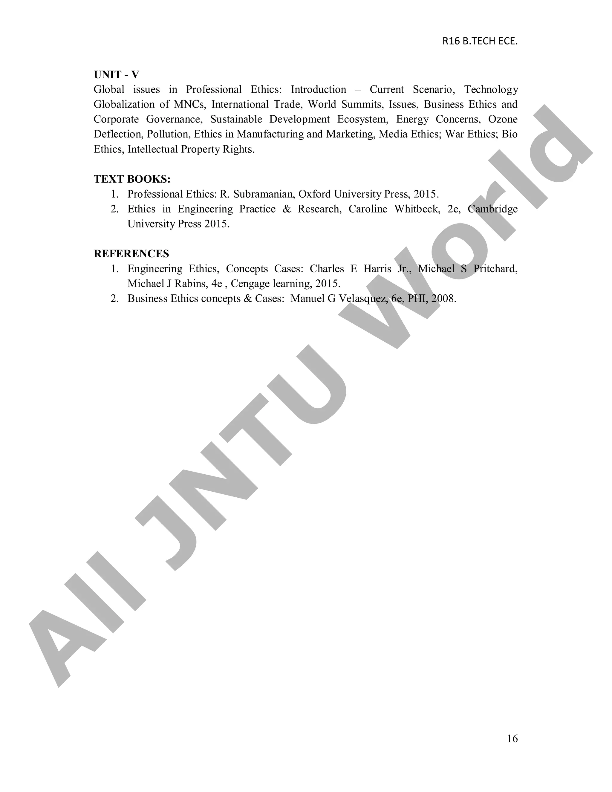 R16 B.TECH ECE.
16
UNIT - V
Global issues in Professional Ethics: Introduction – Current Scenario, Technology
Globalization of MNCs, International Trade, World Summits, Issues, Business Ethics and
Corporate Governance, Sustainable Development Ecosystem, Energy Concerns, Ozone
Deflection, Pollution, Ethics in Manufacturing and Marketing, Media Ethics; War Ethics; Bio
Ethics, Intellectual Property Rights.
TEXT BOOKS:
1. Professional Ethics: R. Subramanian, Oxford University Press, 2015.
2. Ethics in Engineering Practice & Research, Caroline Whitbeck, 2e, Cambridge
University Press 2015.
REFERENCES
1. Engineering Ethics, Concepts Cases: Charles E Harris Jr., Michael S Pritchard,
Michael J Rabins, 4e , Cengage learning, 2015.
2. Business Ethics concepts & Cases: Manuel G Velasquez, 6e, PHI, 2008.
A
llJN
TU
W
orld
 