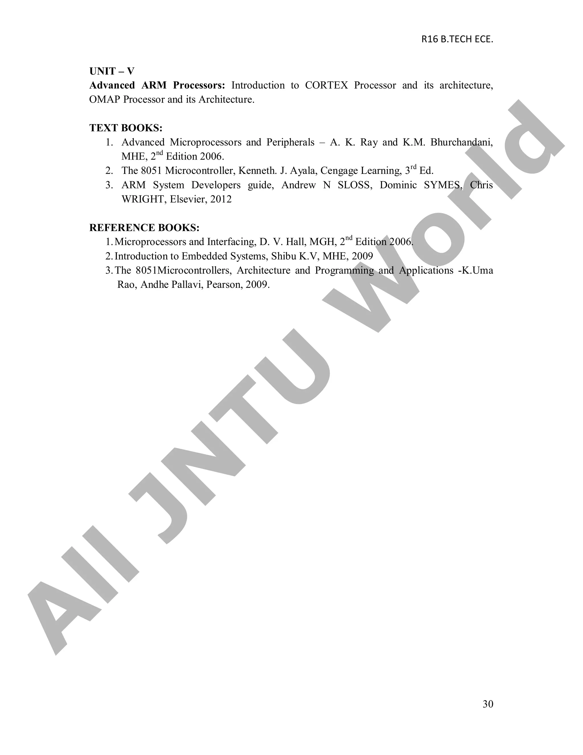 R16 B.TECH ECE.
30
UNIT – V
Advanced ARM Processors: Introduction to CORTEX Processor and its architecture,
OMAP Processor and its Architecture.
TEXT BOOKS:
1. Advanced Microprocessors and Peripherals – A. K. Ray and K.M. Bhurchandani,
MHE, 2nd
Edition 2006.
2. The 8051 Microcontroller, Kenneth. J. Ayala, Cengage Learning, 3rd
Ed.
3. ARM System Developers guide, Andrew N SLOSS, Dominic SYMES, Chris
WRIGHT, Elsevier, 2012
REFERENCE BOOKS:
1.Microprocessors and Interfacing, D. V. Hall, MGH, 2nd
Edition 2006.
2.Introduction to Embedded Systems, Shibu K.V, MHE, 2009
3.The 8051Microcontrollers, Architecture and Programming and Applications -K.Uma
Rao, Andhe Pallavi, Pearson, 2009.
A
llJN
TU
W
orld
 