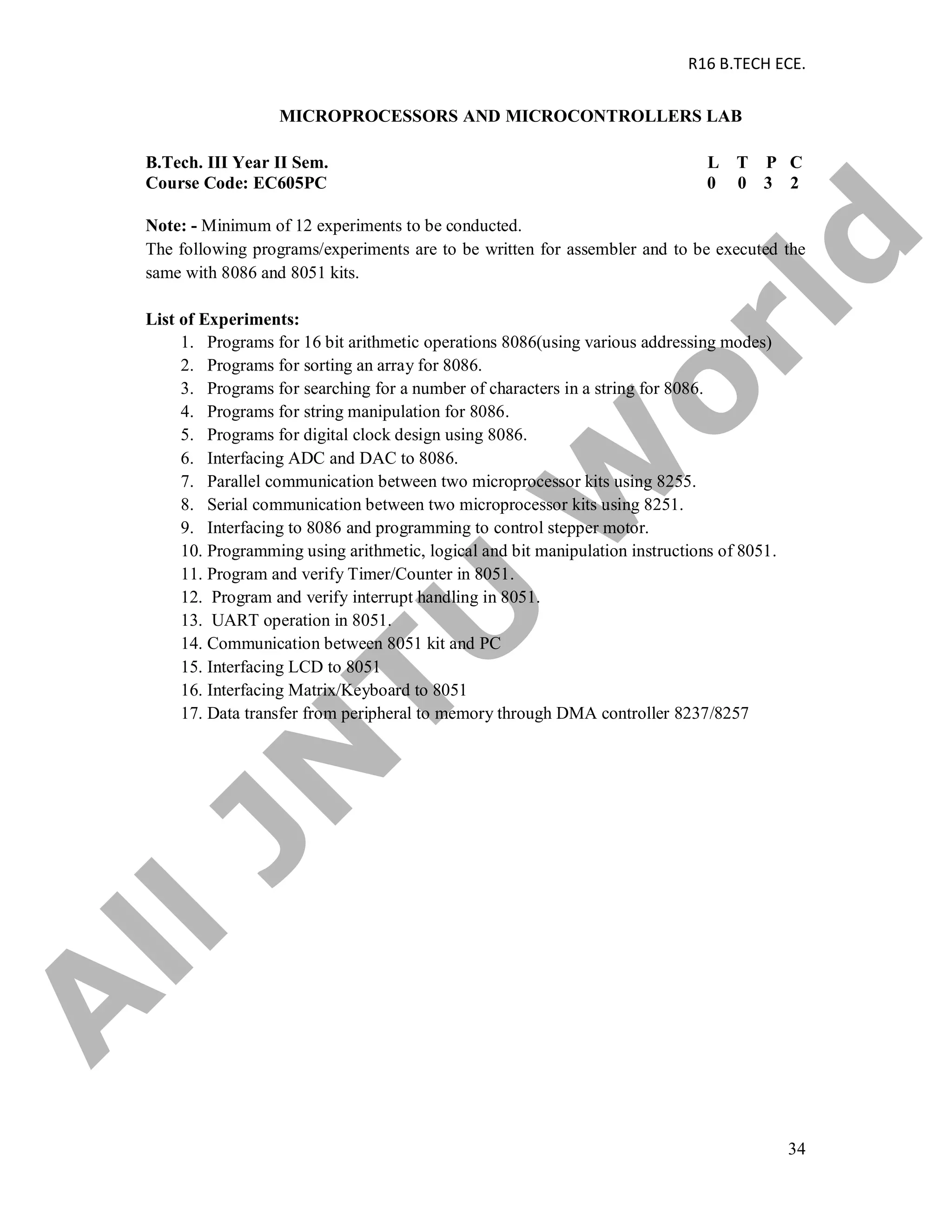 R16 B.TECH ECE.
34
MICROPROCESSORS AND MICROCONTROLLERS LAB
B.Tech. III Year II Sem. L T P C
Course Code: EC605PC 0 0 3 2
Note: - Minimum of 12 experiments to be conducted.
The following programs/experiments are to be written for assembler and to be executed the
same with 8086 and 8051 kits.
List of Experiments:
1. Programs for 16 bit arithmetic operations 8086(using various addressing modes)
2. Programs for sorting an array for 8086.
3. Programs for searching for a number of characters in a string for 8086.
4. Programs for string manipulation for 8086.
5. Programs for digital clock design using 8086.
6. Interfacing ADC and DAC to 8086.
7. Parallel communication between two microprocessor kits using 8255.
8. Serial communication between two microprocessor kits using 8251.
9. Interfacing to 8086 and programming to control stepper motor.
10. Programming using arithmetic, logical and bit manipulation instructions of 8051.
11. Program and verify Timer/Counter in 8051.
12. Program and verify interrupt handling in 8051.
13. UART operation in 8051.
14. Communication between 8051 kit and PC
15. Interfacing LCD to 8051
16. Interfacing Matrix/Keyboard to 8051
17. Data transfer from peripheral to memory through DMA controller 8237/8257
A
llJN
TU
W
orld
 