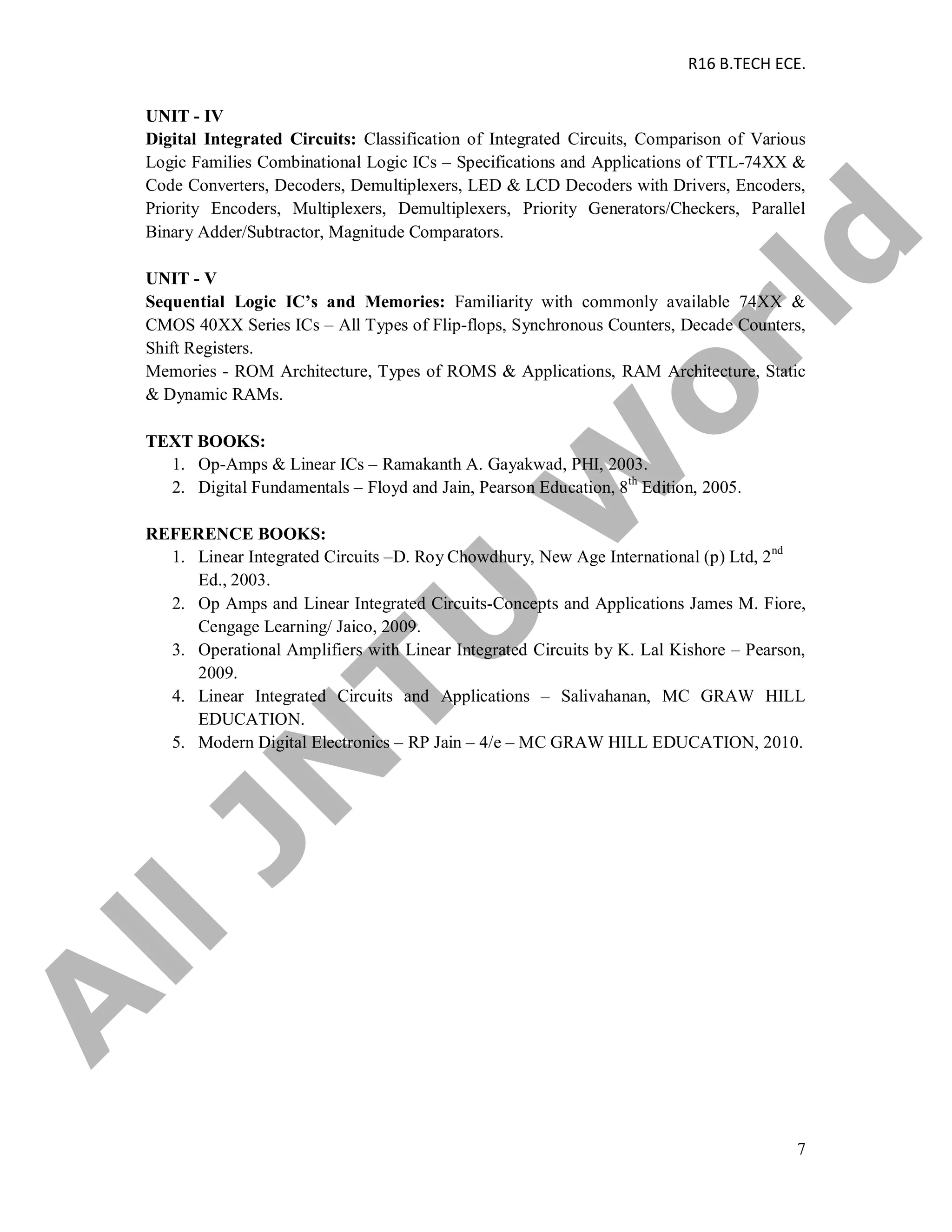 R16 B.TECH ECE.
7
UNIT - IV
Digital Integrated Circuits: Classification of Integrated Circuits, Comparison of Various
Logic Families Combinational Logic ICs – Specifications and Applications of TTL-74XX &
Code Converters, Decoders, Demultiplexers, LED & LCD Decoders with Drivers, Encoders,
Priority Encoders, Multiplexers, Demultiplexers, Priority Generators/Checkers, Parallel
Binary Adder/Subtractor, Magnitude Comparators.
UNIT - V
Sequential Logic IC’s and Memories: Familiarity with commonly available 74XX &
CMOS 40XX Series ICs – All Types of Flip-flops, Synchronous Counters, Decade Counters,
Shift Registers.
Memories - ROM Architecture, Types of ROMS & Applications, RAM Architecture, Static
& Dynamic RAMs.
TEXT BOOKS:
1. Op-Amps & Linear ICs – Ramakanth A. Gayakwad, PHI, 2003.
2. Digital Fundamentals – Floyd and Jain, Pearson Education, 8th
Edition, 2005.
REFERENCE BOOKS:
1. Linear Integrated Circuits –D. Roy Chowdhury, New Age International (p) Ltd, 2nd
Ed., 2003.
2. Op Amps and Linear Integrated Circuits-Concepts and Applications James M. Fiore,
Cengage Learning/ Jaico, 2009.
3. Operational Amplifiers with Linear Integrated Circuits by K. Lal Kishore – Pearson,
2009.
4. Linear Integrated Circuits and Applications – Salivahanan, MC GRAW HILL
EDUCATION.
5. Modern Digital Electronics – RP Jain – 4/e – MC GRAW HILL EDUCATION, 2010.
A
llJN
TU
W
orld
 
